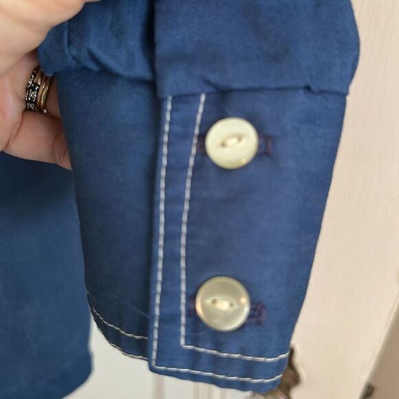 Vtg 70s Blue with White Stitching Long Tunic Polyester/Cotton Long Sleeve Shirt - Picture 7 of 9